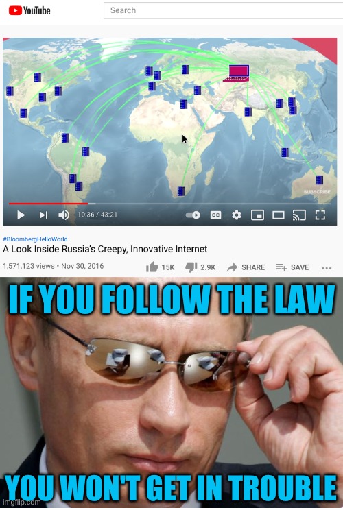 anybody watching you? | IF YOU FOLLOW THE LAW; YOU WON'T GET IN TROUBLE | image tagged in in soviet russia,russian troll farms,russian hackers,youtube,spying,crime | made w/ Imgflip meme maker