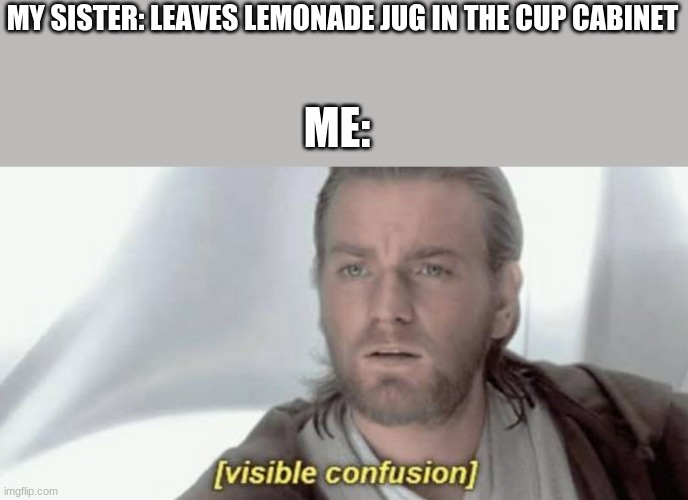 Visible Confusion | MY SISTER: LEAVES LEMONADE JUG IN THE CUP CABINET; ME: | image tagged in visible confusion | made w/ Imgflip meme maker