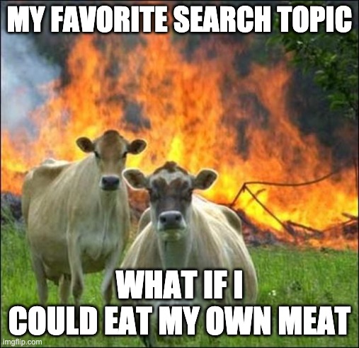 Evil Cows Meme | MY FAVORITE SEARCH TOPIC WHAT IF I COULD EAT MY OWN MEAT | image tagged in memes,evil cows | made w/ Imgflip meme maker