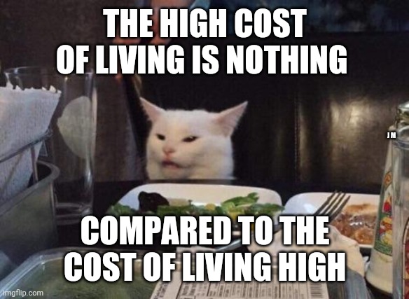 Salad cat | THE HIGH COST OF LIVING IS NOTHING; J M; COMPARED TO THE COST OF LIVING HIGH | image tagged in salad cat | made w/ Imgflip meme maker