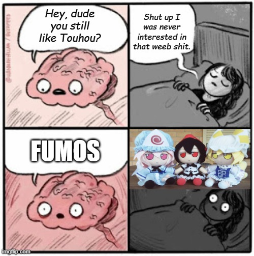 Inside my brain right now. |  Shut up I was never interested in that weeb shit. Hey, dude you still like Touhou? FUMOS | image tagged in brain before sleep | made w/ Imgflip meme maker