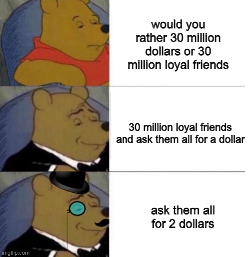 bored | would you rather 30 million dollars or 30 million loyal friends; 30 million loyal friends and ask them all for a dollar; ask them all for 2 dollars | image tagged in tuxedo winnie the pooh | made w/ Imgflip meme maker