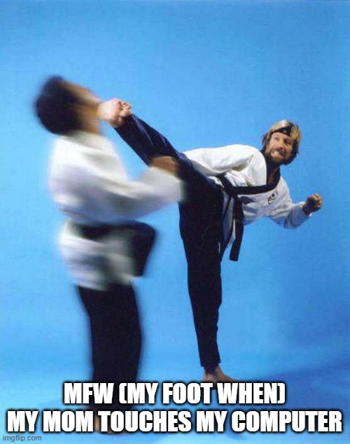 Roundhouse Kick Chuck Norris | MFW (MY FOOT WHEN) MY MOM TOUCHES MY COMPUTER | image tagged in roundhouse kick chuck norris | made w/ Imgflip meme maker