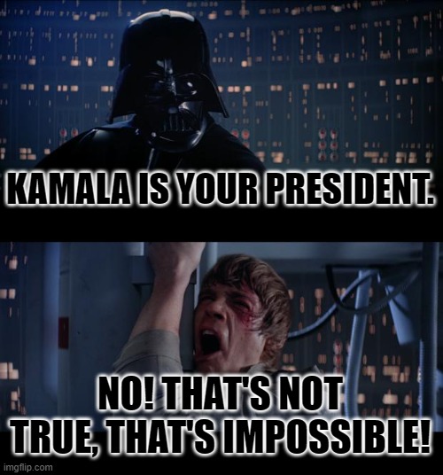 Star Wars No Meme | KAMALA IS YOUR PRESIDENT. NO! THAT'S NOT TRUE, THAT'S IMPOSSIBLE! | image tagged in memes,star wars no | made w/ Imgflip meme maker
