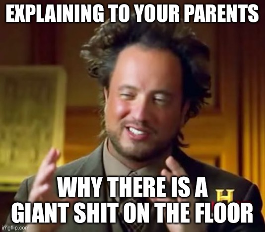 Yes | EXPLAINING TO YOUR PARENTS; WHY THERE IS A GIANT SHIT ON THE FLOOR | image tagged in memes,ancient aliens | made w/ Imgflip meme maker