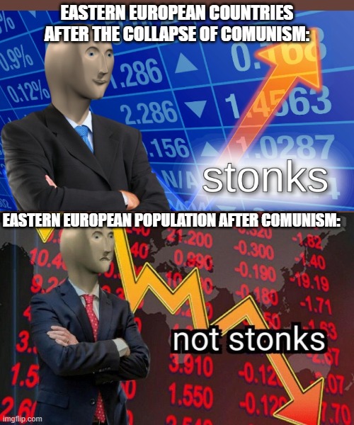 Estern europe be like | EASTERN EUROPEAN COUNTRIES AFTER THE COLLAPSE OF COMUNISM:; EASTERN EUROPEAN POPULATION AFTER COMUNISM: | image tagged in not stonks | made w/ Imgflip meme maker