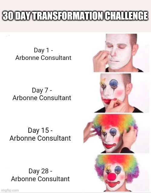 Arbonne Life | 30 DAY TRANSFORMATION CHALLENGE; Day 1 - Arbonne Consultant; Day 7 - Arbonne Consultant; Day 15 - Arbonne Consultant; Day 28 - Arbonne Consultant | image tagged in memes,clown applying makeup | made w/ Imgflip meme maker