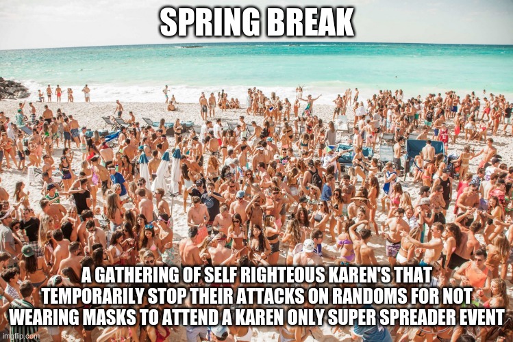 Even Karens take breaks | SPRING BREAK; A GATHERING OF SELF RIGHTEOUS KAREN'S THAT TEMPORARILY STOP THEIR ATTACKS ON RANDOMS FOR NOT WEARING MASKS TO ATTEND A KAREN ONLY SUPER SPREADER EVENT | image tagged in coronavirus spring break,karens,spring break,super spreader,covid19,lecture us all on morality | made w/ Imgflip meme maker