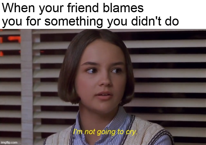 Mary Anne of the Baby-Sitters Club Movie: I'm not going to cry | When your friend blames you for something you didn't do | image tagged in mary anne of the baby-sitters club movie i'm not going to cry,memes | made w/ Imgflip meme maker