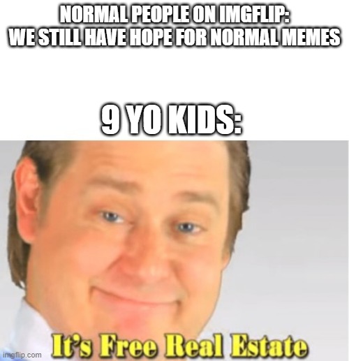 fix of previous | NORMAL PEOPLE ON IMGFLIP: WE STILL HAVE HOPE FOR NORMAL MEMES; 9 YO KIDS: | image tagged in it's free real estate | made w/ Imgflip meme maker