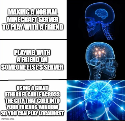hmmmm hooge brain | MAKING A NORMAL MINECRAFT SERVER TO PLAY WITH A FRIEND; PLAYING WITH A FRIEND ON SOMEONE ELSE'S SERVER; USING A GIANT ETHERNET CABLE ACROSS THE CITY THAT GOES INTO YOUR FRIENDS WINDOW SO YOU CAN PLAY LOCALHOST | image tagged in galaxy brain 3 brains | made w/ Imgflip meme maker