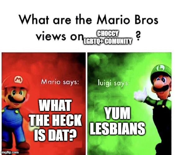 why the frack did i make this? oh well. its funny  but please respect the lgbtq+ community. also please show support | CHOCCY LGBTQ+ COMUNITY; WHAT THE HECK IS DAT? YUM LESBIANS | image tagged in mario bros views | made w/ Imgflip meme maker