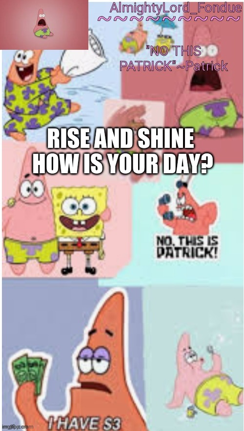 Good Morning. | RISE AND SHINE  HOW IS YOUR DAY? | image tagged in fondue pat,funny,meme,greetings,msmg | made w/ Imgflip meme maker