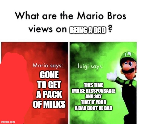 lol true | BEING A DAD; GONE TO GET A PACK OF MILKS; THIS TIME IMA BE RESSPONSABLE AND SAY THAT IF YOUR A DAD DONT BE BAD | image tagged in mario bros views | made w/ Imgflip meme maker