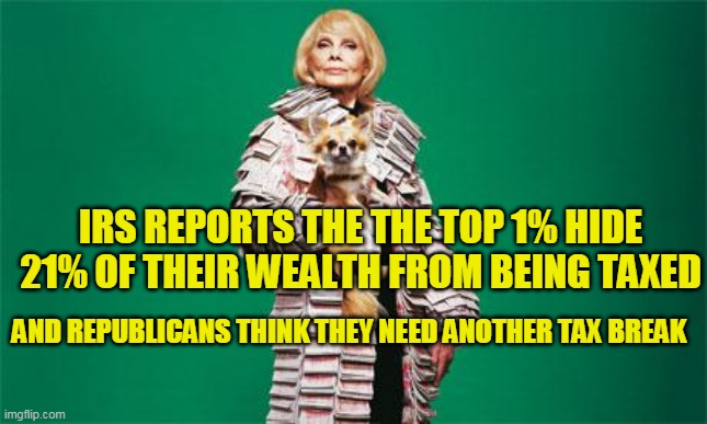 That's about $1.7 trillion dollars a year they don't pay taxes on, but still want to use our roads, sewers, military..... | IRS REPORTS THE THE TOP 1% HIDE 21% OF THEIR WEALTH FROM BEING TAXED; AND REPUBLICANS THINK THEY NEED ANOTHER TAX BREAK | image tagged in super rich bitch | made w/ Imgflip meme maker