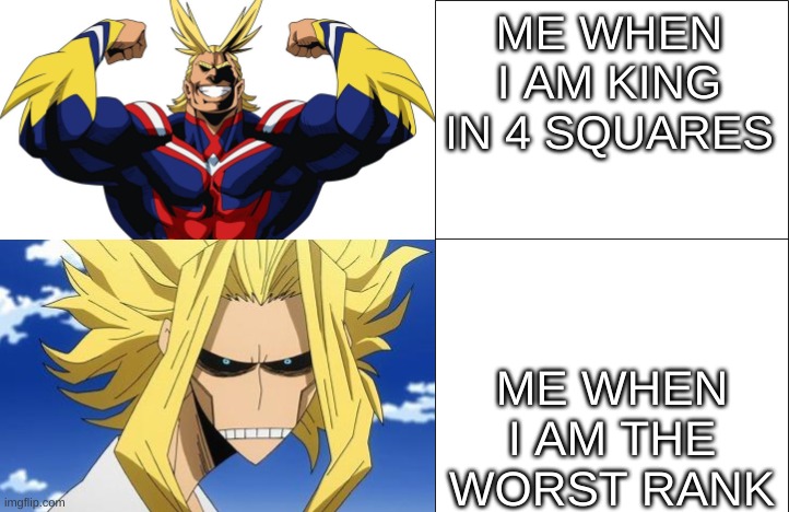4 squares be like |  ME WHEN I AM KING IN 4 SQUARES; ME WHEN I AM THE WORST RANK | image tagged in all might to toshinori yagi | made w/ Imgflip meme maker