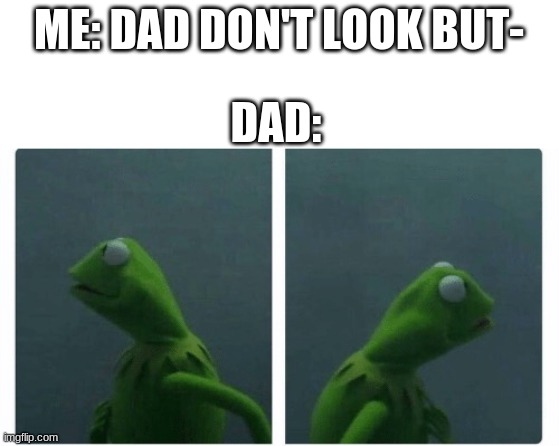 Kermit looking | ME: DAD DON'T LOOK BUT-; DAD: | image tagged in kermit looking | made w/ Imgflip meme maker