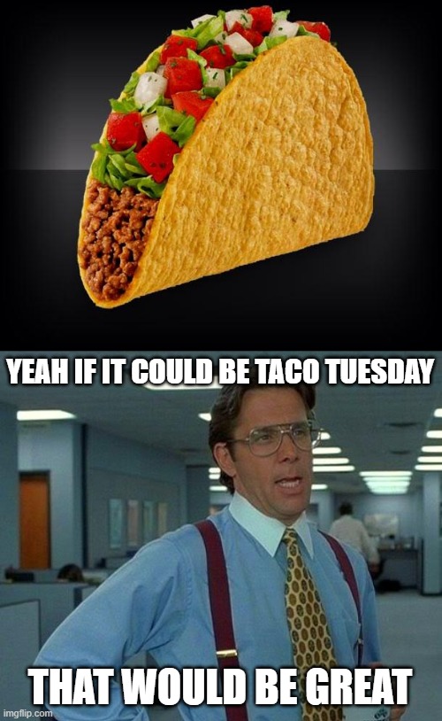 taco tuesday | YEAH IF IT COULD BE TACO TUESDAY; THAT WOULD BE GREAT | image tagged in taco,memes,that would be great,no bad words i promise | made w/ Imgflip meme maker