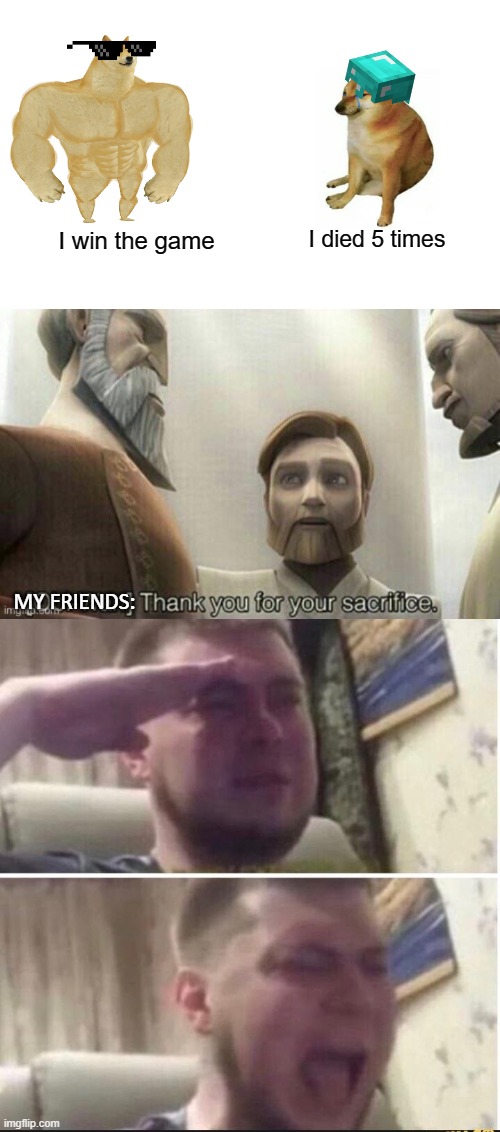 All hail thatonepersonwhodiedbutunoreversedeveryoneandwonthegame | I died 5 times; I win the game; MY FRIENDS: | image tagged in thank you for your sacrifice,crying salute | made w/ Imgflip meme maker