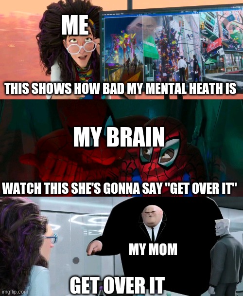 pretty standard stuff | ME; THIS SHOWS HOW BAD MY MENTAL HEATH IS; MY BRAIN; WATCH THIS SHE'S GONNA SAY "GET OVER IT"; MY MOM; GET OVER IT | image tagged in pretty standard stuff | made w/ Imgflip meme maker