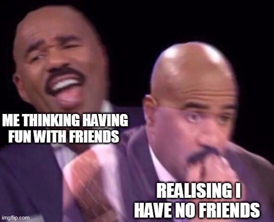 Steve Harvey Laughing Serious | ME THINKING HAVING FUN WITH FRIENDS; REALISING I HAVE NO FRIENDS | image tagged in steve harvey laughing serious | made w/ Imgflip meme maker