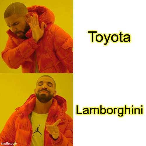 Toyota or Lamborghini? | Toyota; Lamborghini | image tagged in memes,drake hotline bling | made w/ Imgflip meme maker