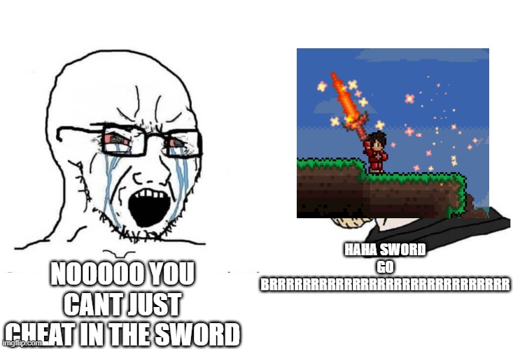terraria | HAHA SWORD GO BRRRRRRRRRRRRRRRRRRRRRRRRRRRRR; NOOOOO YOU CANT JUST CHEAT IN THE SWORD | image tagged in soyboy vs yes chad | made w/ Imgflip meme maker