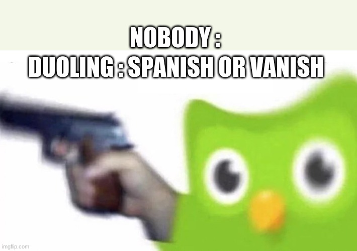 Spanish or vanish | NOBODY :; DUOLING : SPANISH OR VANISH | image tagged in duolingo gun | made w/ Imgflip meme maker