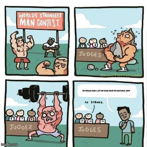 He’s stronk | I’M VEGAN AND I LET MY DOG HAVE ITS NATURAL DIET | image tagged in world's strongest man contest | made w/ Imgflip meme maker