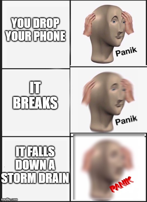 panik Panik PANIK | YOU DROP YOUR PHONE; IT BREAKS; IT FALLS DOWN A STORM DRAIN | image tagged in panik panik panik,oh no,pain | made w/ Imgflip meme maker