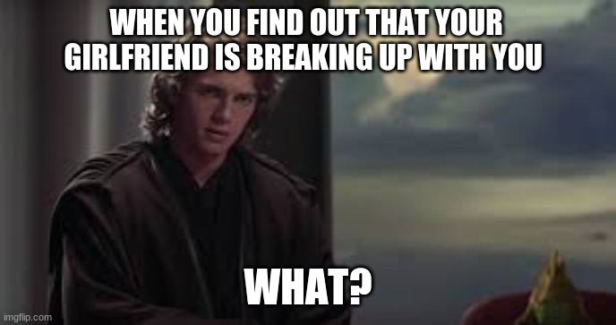 Anakin what? | WHEN YOU FIND OUT THAT YOUR GIRLFRIEND IS BREAKING UP WITH YOU; WHAT? | image tagged in star wars prequels | made w/ Imgflip meme maker