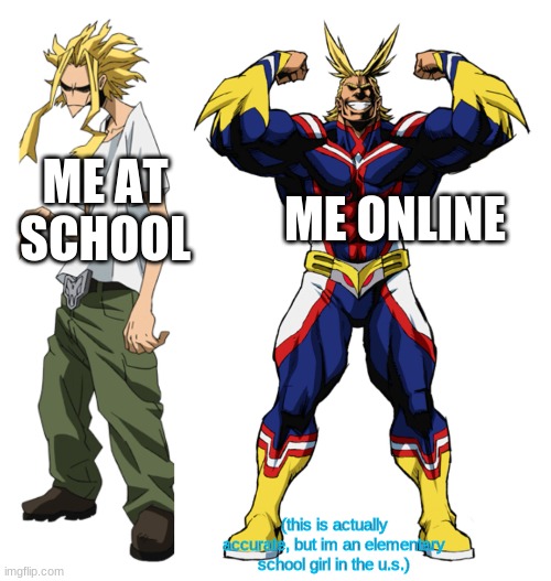 My Hero Academia All Might Weak vs Strong | ME ONLINE; ME AT SCHOOL; (this is actually accurate, but im an elementary school girl in the u.s.) | image tagged in my hero academia all might weak vs strong | made w/ Imgflip meme maker