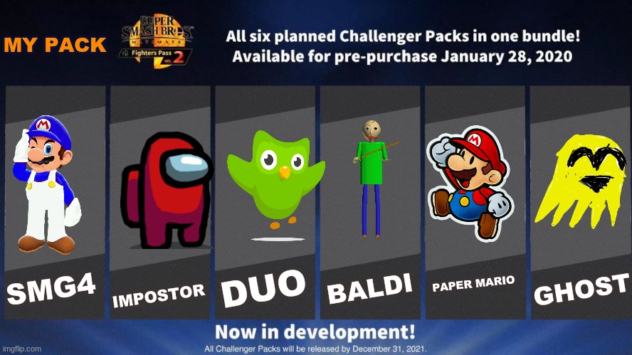 MY PACK | MY PACK; DUO; IMPOSTOR; BALDI; PAPER MARIO; GHOST; SMG4 | image tagged in fighters pass vol 2 meme version 3 | made w/ Imgflip meme maker