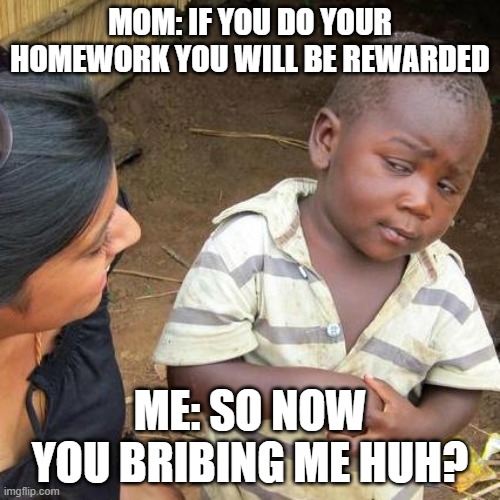 Third World Skeptical Kid Meme | MOM: IF YOU DO YOUR HOMEWORK YOU WILL BE REWARDED; ME: SO NOW YOU BRIBING ME HUH? | image tagged in memes,third world skeptical kid | made w/ Imgflip meme maker