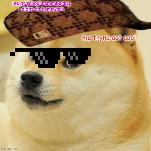 Doge | me at school renembering i didnt do homework; me tryna act cool | image tagged in memes,doge | made w/ Imgflip meme maker