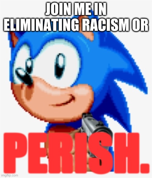 Sonic gun pointed | JOIN ME IN ELIMINATING RACISM OR; PERISH. | image tagged in sonic gun pointed | made w/ Imgflip meme maker