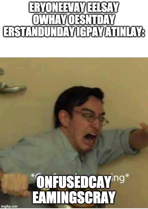 confused screaming | ERYONEEVAY EELSAY OWHAY OESNTDAY ERSTANDUNDAY IGPAY ATINLAY: ONFUSEDCAY EAMINGSCRAY | image tagged in confused screaming | made w/ Imgflip meme maker