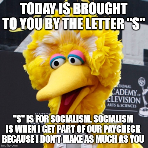 "S" is for socialism | TODAY IS BROUGHT TO YOU BY THE LETTER "S"; "S" IS FOR SOCIALISM. SOCIALISM IS WHEN I GET PART OF OUR PAYCHECK BECAUSE I DON'T MAKE AS MUCH AS YOU | image tagged in memes,big bird,socialism,definition,sesame street,the letter s | made w/ Imgflip meme maker