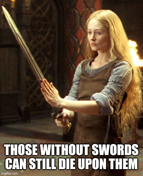 Sword control | THOSE WITHOUT SWORDS CAN STILL DIE UPON THEM | image tagged in lord of the rings,gun control | made w/ Imgflip meme maker