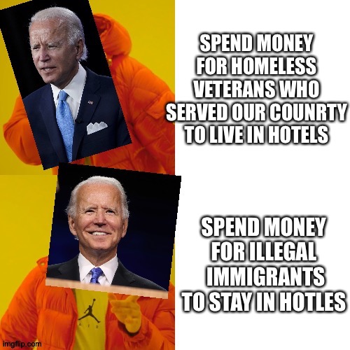 Stop letting them in the country! They are ILLEGAL for a reason | SPEND MONEY FOR HOMELESS VETERANS WHO SERVED OUR COUNRTY TO LIVE IN HOTELS; SPEND MONEY FOR ILLEGAL  IMMIGRANTS TO STAY IN HOTLES | image tagged in joe biden hotline bling | made w/ Imgflip meme maker