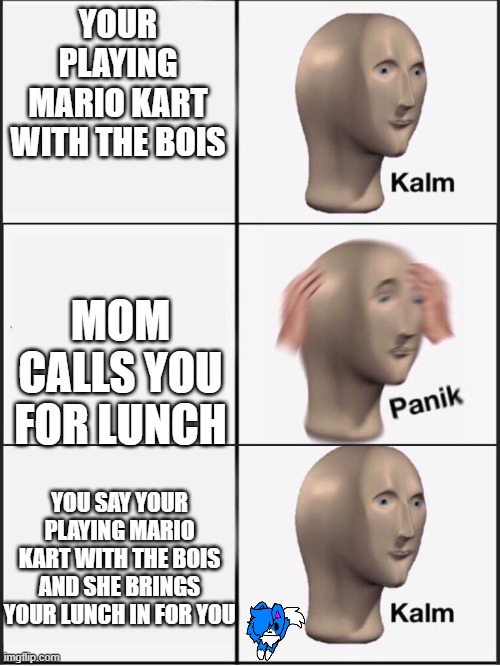 this is true though | YOUR PLAYING MARIO KART WITH THE BOIS; MOM CALLS YOU FOR LUNCH; YOU SAY YOUR PLAYING MARIO KART WITH THE BOIS AND SHE BRINGS YOUR LUNCH IN FOR YOU | image tagged in kalm panik kalm | made w/ Imgflip meme maker