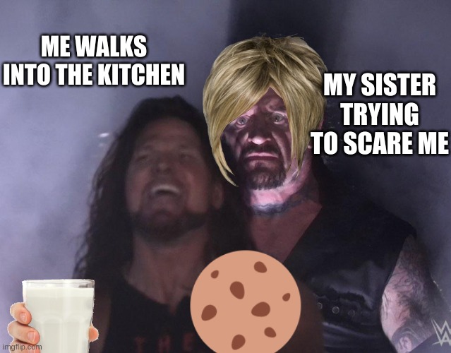 undertaker | ME WALKS INTO THE KITCHEN; MY SISTER TRYING TO SCARE ME | image tagged in undertaker | made w/ Imgflip meme maker
