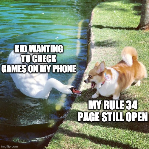 Curious gamers kids are the most dangerous ones | KID WANTING TO CHECK GAMES ON MY PHONE; MY RULE 34 PAGE STILL OPEN | image tagged in dog and swan | made w/ Imgflip meme maker