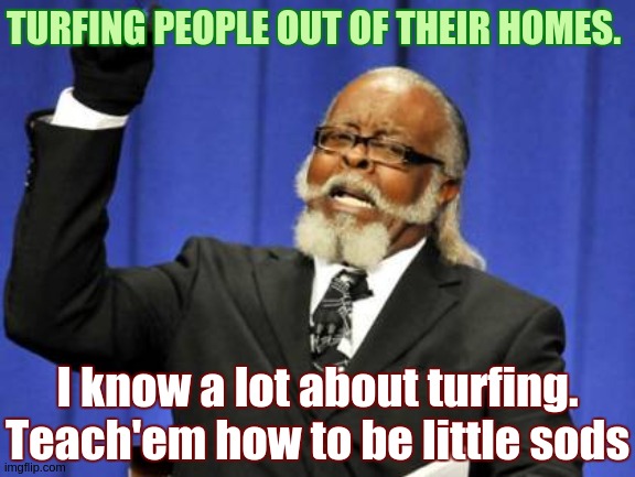https://youtu.be/mShfu7kU7kA?t=1096 - Too Damn High | TURFING PEOPLE OUT OF THEIR HOMES. I know a lot about turfing. Teach'em how to be little sods | image tagged in too damn high,banksters,bankers,silver squeeze,scumbag,banks | made w/ Imgflip meme maker