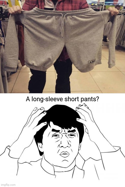 Hmm: A long-sleeve short pants | A long-sleeve short pants? | image tagged in memes,jackie chan wtf,pants,you had one job,funny,task failed successfully | made w/ Imgflip meme maker