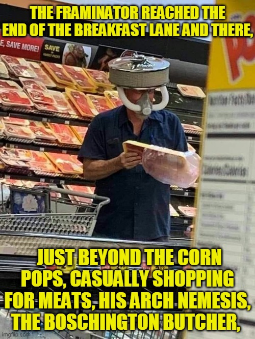 Mann vs. Mann | THE FRAMINATOR REACHED THE END OF THE BREAKFAST LANE AND THERE, JUST BEYOND THE CORN POPS, CASUALLY SHOPPING FOR MEATS, HIS ARCH NEMESIS, THE BOSCHINGTON BUTCHER, | image tagged in memes,facemask,pandemic,covid19,coronavirus,wear a mask | made w/ Imgflip meme maker