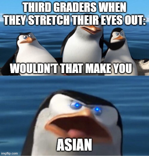 Wouldn't that make you | THIRD GRADERS WHEN THEY STRETCH THEIR EYES OUT:; WOULDN'T THAT MAKE YOU; ASIAN | image tagged in wouldn't that make you | made w/ Imgflip meme maker