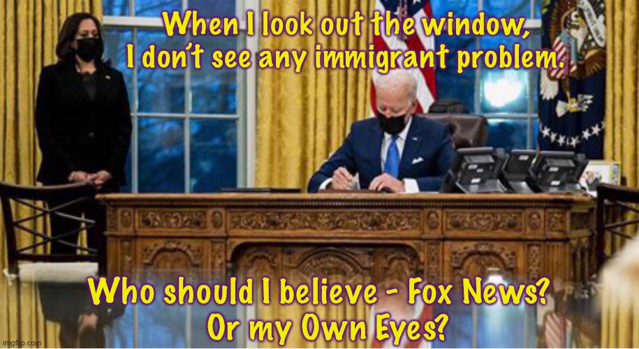 Immigrant Problem?!       ~neverwoke~ | When I look out the window, I don’t see any immigrant problem. Who should I believe - Fox News?  
Or my Own Eyes? | image tagged in biden,liar,cheater,border crisis,demonrats,dunce | made w/ Imgflip meme maker