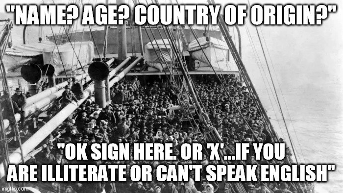 "NAME? AGE? COUNTRY OF ORIGIN?" "OK SIGN HERE. OR 'X'...IF YOU ARE ILLITERATE OR CAN'T SPEAK ENGLISH" | made w/ Imgflip meme maker