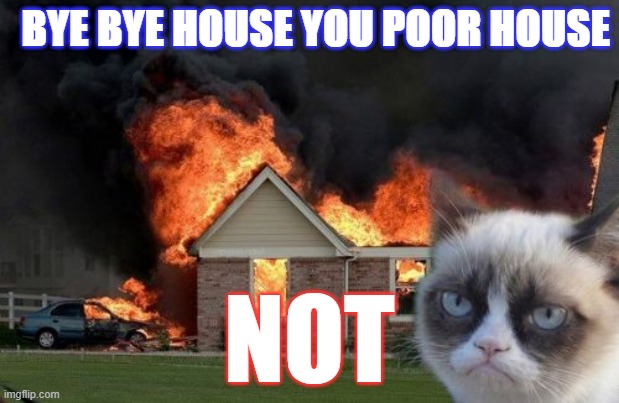 Bye Bye | BYE BYE HOUSE YOU POOR HOUSE; NOT | image tagged in memes,burn kitty,grumpy cat | made w/ Imgflip meme maker